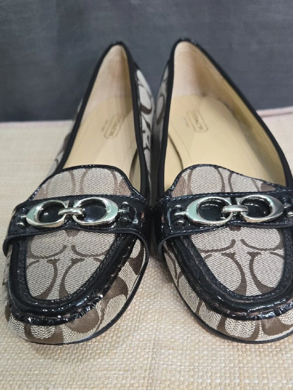 Coach Brown Signature Canvas Loafers with Black Patent Trim and Silver Hardware
